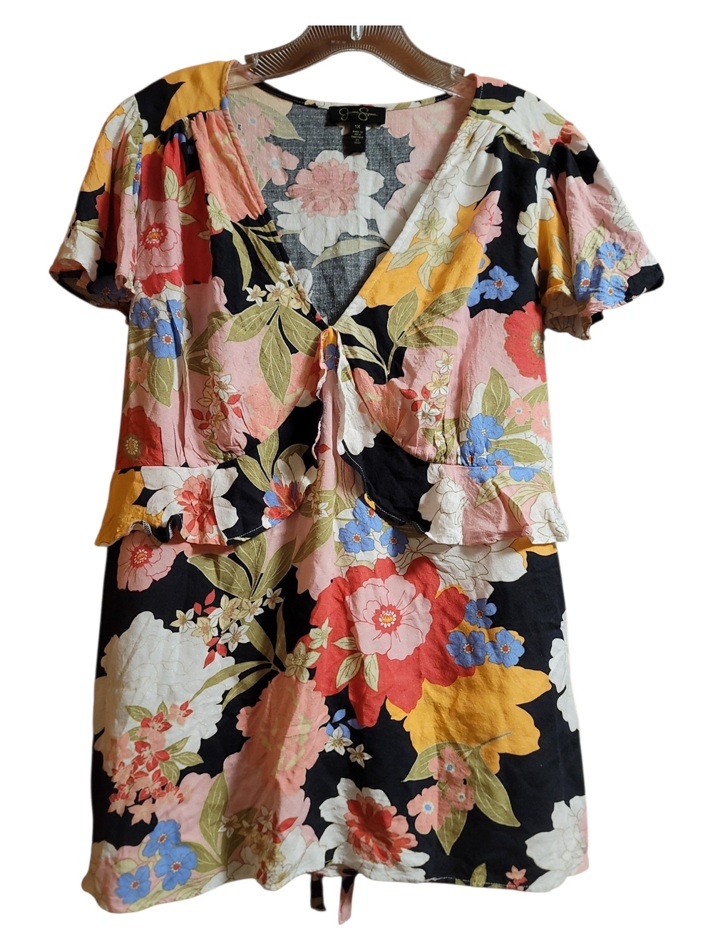 Jessica Simpson Black Floral V-Neck Tunic with Pink Accents